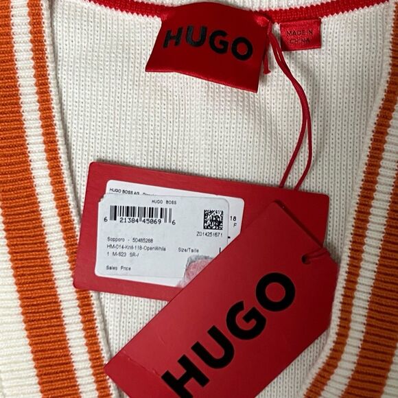 Hugo Boss Cardigan Mens Large Cream Wool Blend V-Neck Striped Preppy Ivy Varsity - Picture 4 of 12